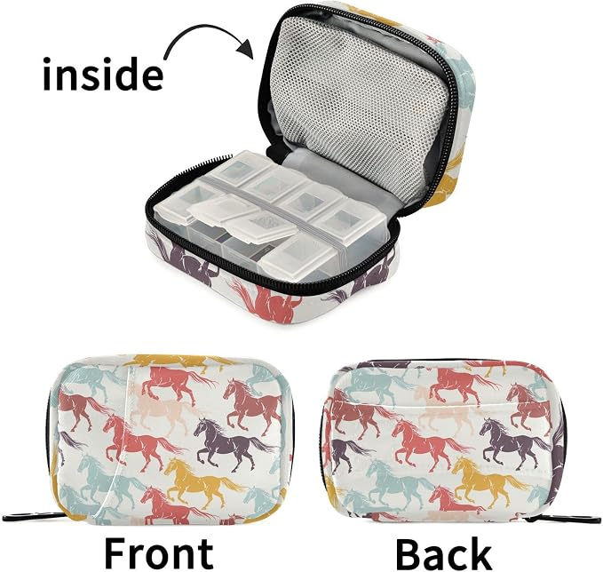 Fustylead Colorful Galloping Horses Silhouette Pill Organizer for Purse, Weekly Portable Pill Box with Zipper to Storage Vitamins Fish Oils Medications Supplements