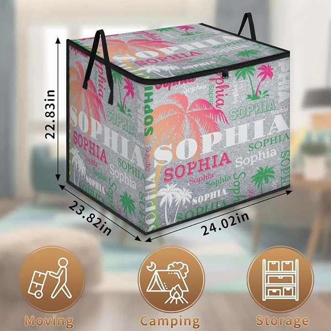 Personalized Name Large Storage Basket with Lid, Canvas Pink Green Tropical Palm Trees Storage Bins Quilt Clothes Organizer for Bedroom, Kitchen, Bathroom, Nursery, Shelves, Closets, Silver Glittery