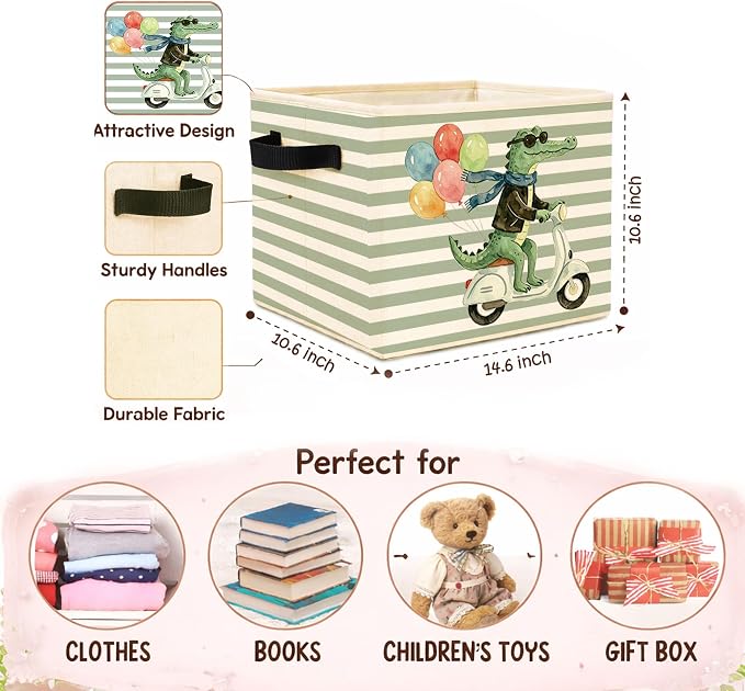 Alligator Scooter Storage Bin, Green Stripe Foldable Fabric Basket | Cute crocodile scooter collapsible fabric organizer for nursery, bedroom, playroom, toys, books, and clothes