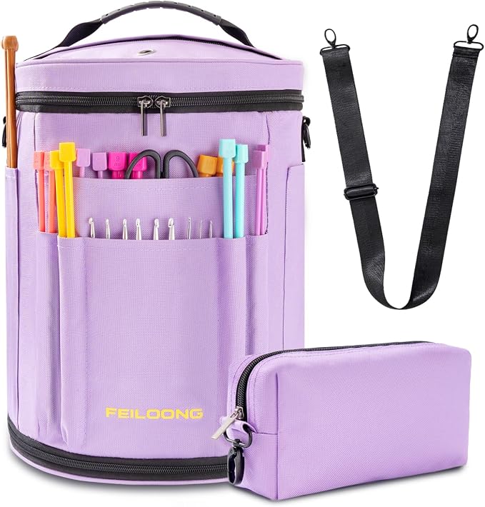 FEILOONG Yarn Bag Organizer, Expandable Crochet Knitting Storage, Purple | Large Capacity, Portable with shoulder strap, Durable Fabric, Multiple Pockets, Expandable, Come with Accessories Case