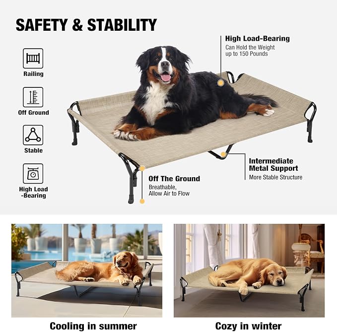 Veehoo Cooling Elevated Dog Bed, XL Raised Dog Cot with Guardrail & Headrest