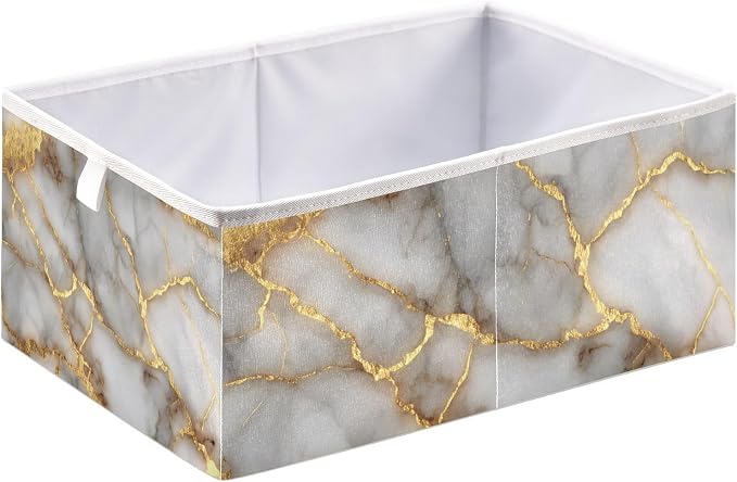 Gold Marble Pattern Cube Storage Bins Collapsible Fabric Storage Baskets Large Clothes Organizer Box for Bedroom Living Room Study Room 11×11×11 In