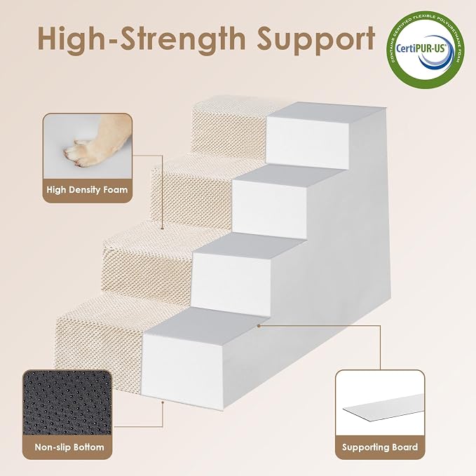 EHEYCIGA Dog Stairs for Bed 20" H, 4-Step Extra Wide Dog Steps, Beige | Pet Steps for Small Dogs and Cats for High Bed, Non-Slip Balanced Pet Ramp Indoor