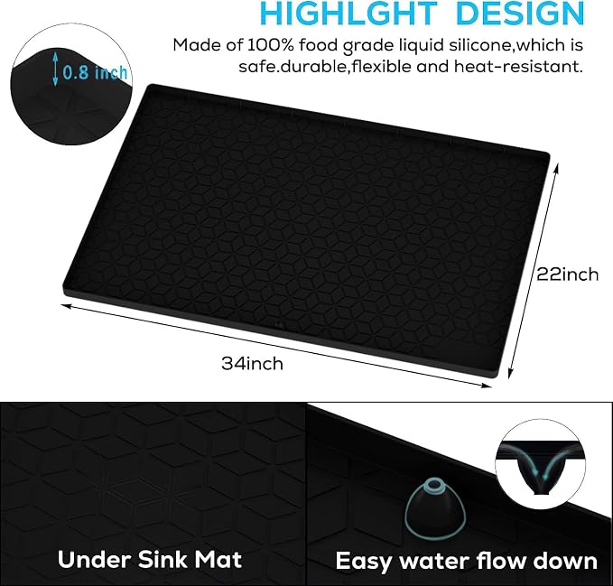 Under Sink Mat for Kitchen, Silicone Waterproof Liner, Flexible Organizer Tray with Drain Hole, 3.3 Gallons Capacity, Easy to Clean (Black, 34x22)