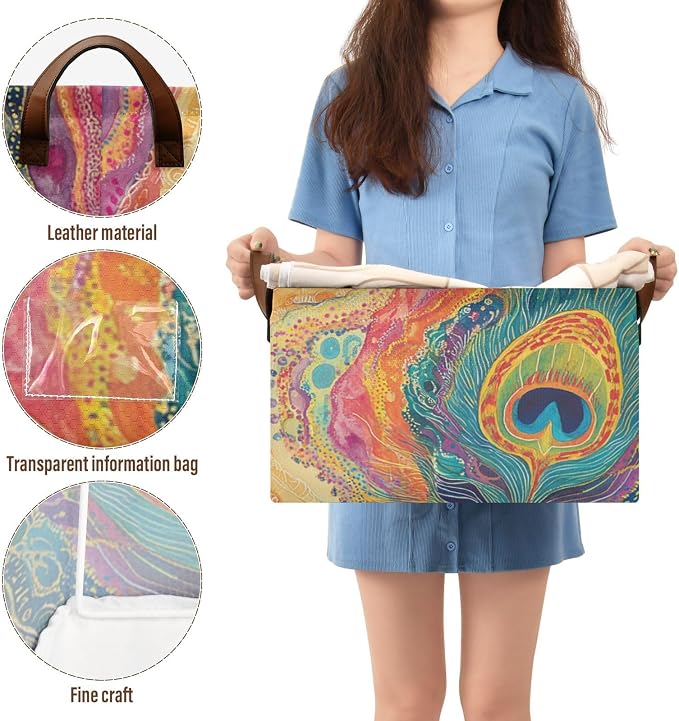 Colorful Boho Peacock Feather Storage Bins for Shelves with Labels&Handles Fabric Organizer Bin Foldable Rectangle Storage Basket Boxes for Closet, Bathroom, Home, Living Room