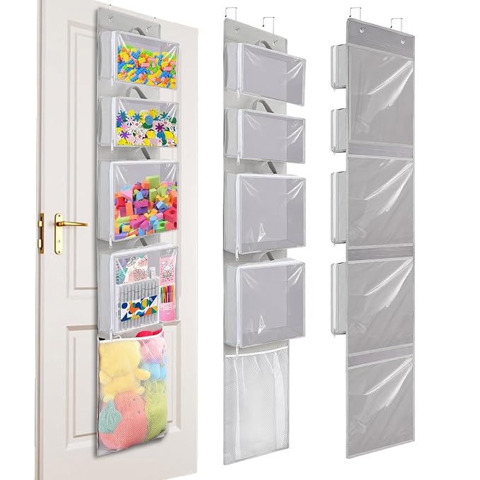 Over Door Organizer and Storage, Hanging Toy Holder with Removable Pouches | Toddler Room Wall Stuffed Animal Storage Bag Case, Kids Playroom Closet Back of Door Organization for Building Block, Puzzle