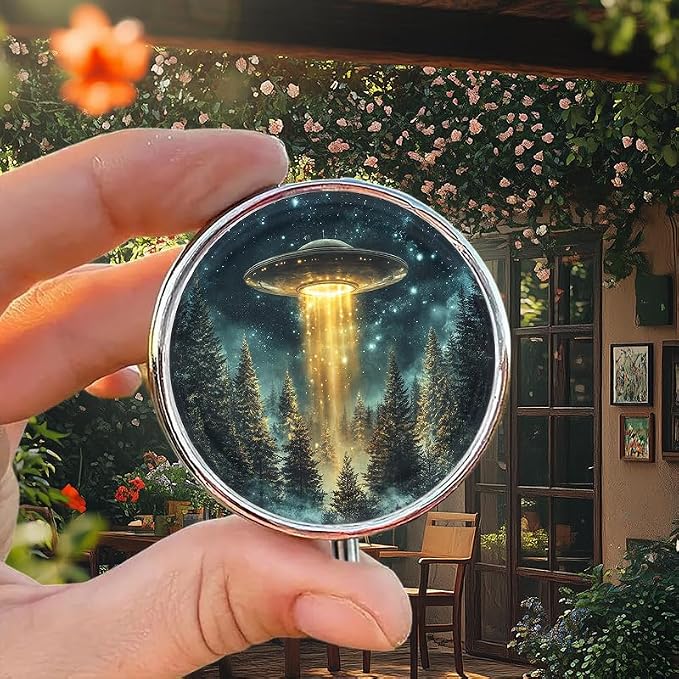 Portable Round 3 Compartment Metal Pill Box Capturing Classic UFO Imagery Ideal for Travel Organizing Medication or Storing Small Essentials