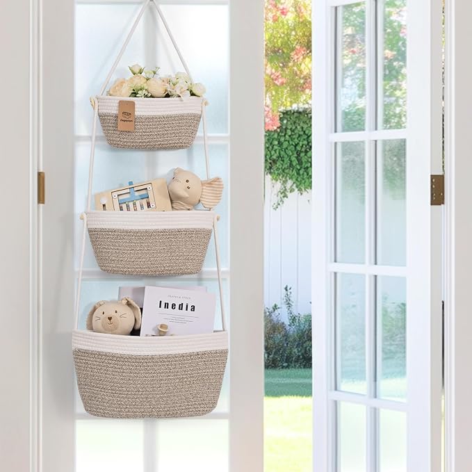 Hanging Basket, 3-Tier Woven Wall Basket with 4 Hooks, Cotton Rope Storage Baskets, Over the Door Organizer for Nursery, Bedroom, Cottage and Boho Wall Decor