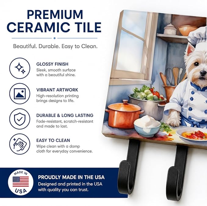 Caroline's Treasures Westie The Chef Leash or Key Holder Wall Hooks, Key Hooks Holder, Coat Rack Wall Mount, Coat Hooks, Hooks for Hanging Keys, Towels, Aprons, Leashes | Westie The Chef artwork on ceramic tile with three steel hooks for keys, leashes,...
