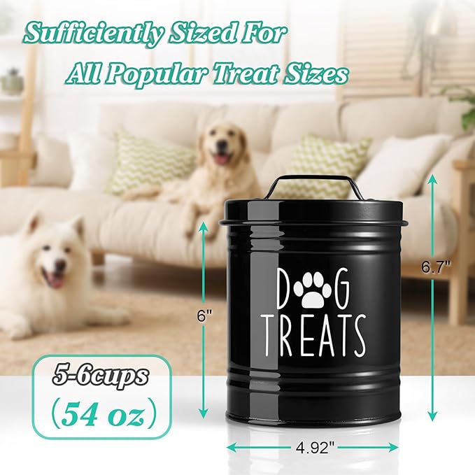 OUTNILI Small Dog Treat Container Airtight - 6" Tall X 4.9" Round Black Dog Treat Jar for Kitchen Counter - Rustic Treat Storage Canister for Dogs, Cats, Small Animals - Gifts for Pet Owners