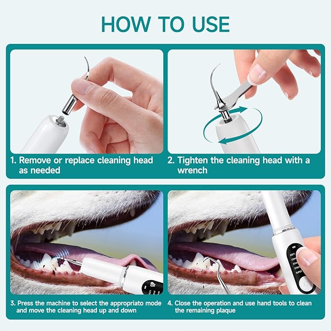 Dog Teeth Cleaning Kit Dog Plaque and Tartar Remover with LED Light 5 Adjustable Modes Electric Toothbrush Pet Teeth Cleaner for Dogs and Cats (White and Blue Finger Cots)