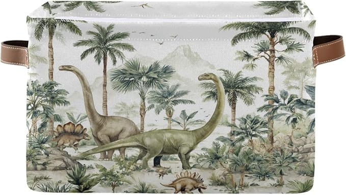 Dinosaur Palm Trees White Rectangular Storage Bin Basket with Handles - Organizer Bin for Books Clothes Laundry Basket for Pets Playroom