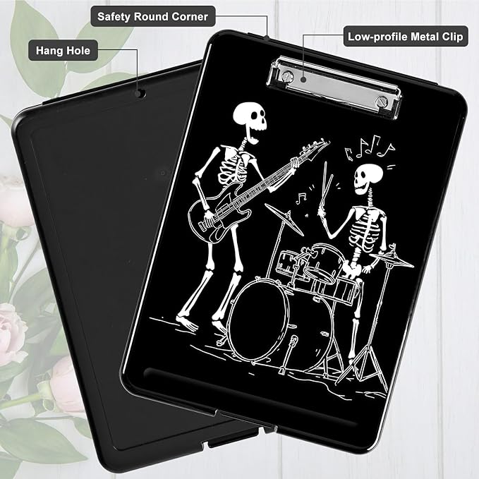 Heavy Duty Storage Clipboard, Slim Nursing Clipboard with Internal Pen Case, Portable File Organizer Case for A4 Letter Size Paper Office Medical Professionals, Guitar Skull
