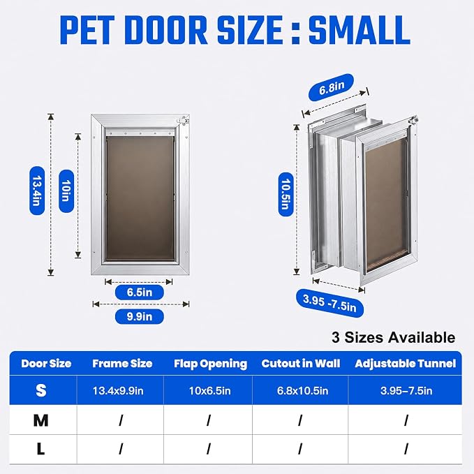 Cat Door for Wall, Small Pet Door, Heavy Duty Doggy Door, All Aluminum Frame, 2 Magnetic Flaps, Energy Efficient, Telescoping Tunnel, Sliding Lock Panel, Easy to Install (Pets Up to 22 LB) | 2 Magnetic Flaps, Energy Efficient, Wide Telescoping Tunnel, ...