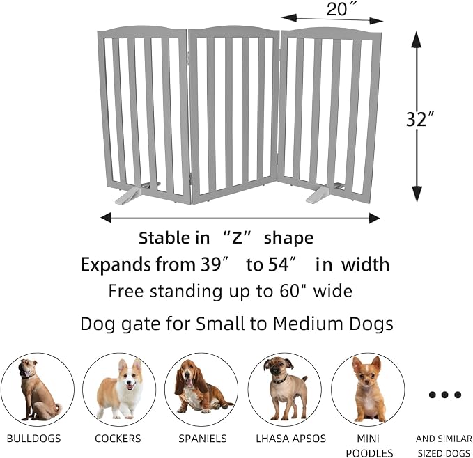 ZJSF Foldable Freestanding Indoor Dog Gate for House Wood Long Pet Gates Dog Fence for Stairs Puppy Gates for Hallways, Puppy Gate,Support Feet Included, Grey, 32 "Height-3 Panels