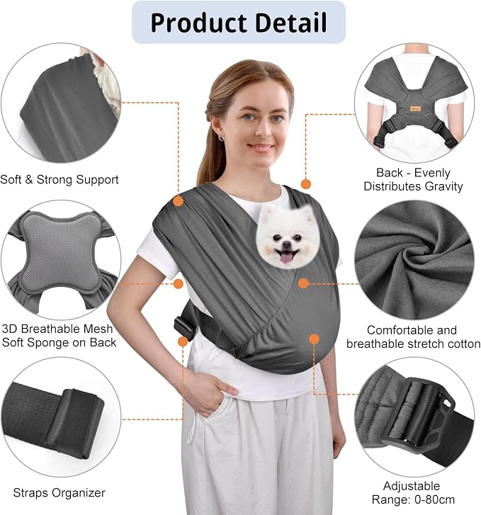 Swaddle Dog Sling Carrier for Small Dogs, Front Pet Sling Carrier Chest,Hands Free Adjustable Cat Sling Carrier Soft Cotton Reducing Pain Puppy Sling Carrier for Small Pet Up to 10lbs (Dark Gray)