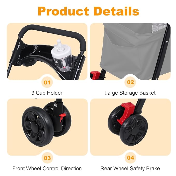 4‑Wheel Foldable Pet Stroller, Travel Strolling Cart for Small & Medium Dog | Breathable Visible Mesh Window, Cup Holder & Storage Basket, Rear Wheel Dual Brake, Portable Folding Design Light Grey