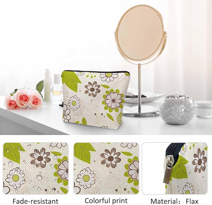 Floral Green Makeup Organizer Bag Cosmetic Bag For Men Women, Blossom Flower Orchard Flower Leaves Travel Toiletry Bag Flax Makeup Bags Purse Business Makeup Pouch For Toiletries Cosmetics