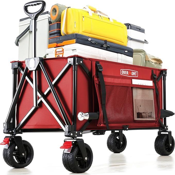 Overmont Collapsible Wagon Cart with Wheels - 180L Foldable Heavy Duty Wagon with Big All-Terrain Wheels - 360Lbs Weight Capacity with Side Pockets for Camping Sports Garden Grocery Shopping red
