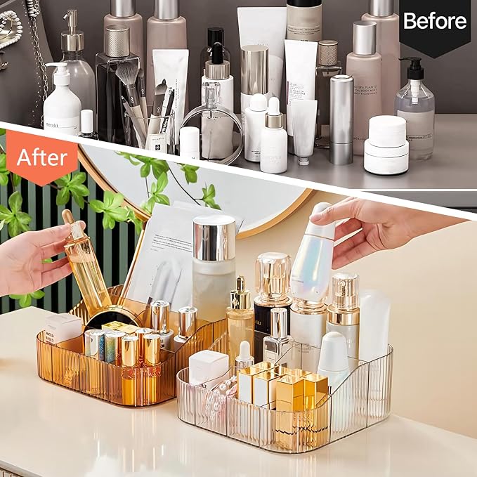 DASITON Large Capacity Makeup Brush Holder,8 Slot Makeup Brush Cup,Vintage striped Make Up Brush Holder,for Vanity Decor,Bathroom Countertops,Desk Storage Container,Cosmetic Display cases(Clear-XL)