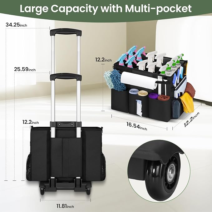Large Rolling Cleaning Caddy with Detachable Trolley for Housekeeper | Large Capacity Cleaning Supply Organizer Bag with Wheels, Multiple Pockets, Water-resistant
