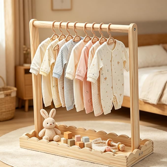 Wooden Baby Clothing Rack for Toddler, Baby Shower Crate Closet, Baby Storage Crate with Hangers, Pets Clothes Rack with Storage Box & Hanging Rod for Dogs Cats, Newborn Gifts Basket (Wavy)