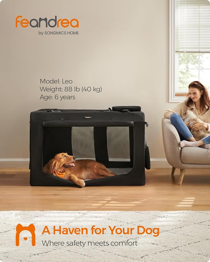 Feandrea Collapsible Soft Dog Crate, Portable Travel, 48 Inches | Dog Carrier Kennel with Safety Zippers for Living Room, Car, Travelling, Black UPDC12H