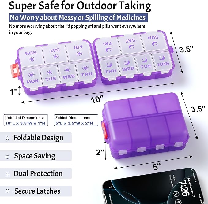 NEW Foldable & Double Protection Portable Weekly Pill Organizer 2 Times A Day with Etched Labels, AM PM 7 Day Week Medicine Box, Daily Travel Pill Case Dispenser for Vitamin, Supplement - Clear Purple