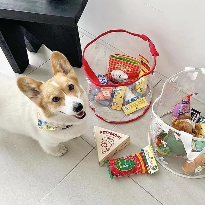 MANON ROSA Dog Toy Storage Basket Bin Round PVC Pet Storage Basket with Handles for Organizing Toys Blankets Leashes for Puppies Cat Kitten Rabbit (Medium,Red)