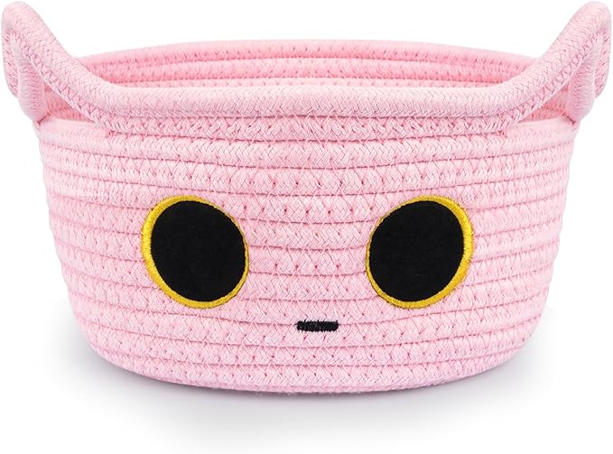 Small Storage Cute Cat Basket, Pink Cotton Rope Woven Basket for Nursery | Blanket Basket Baby Toy Storage Organizer With Ears for Gifts Cat Dog Bin Toys 8.5×4.5 inches