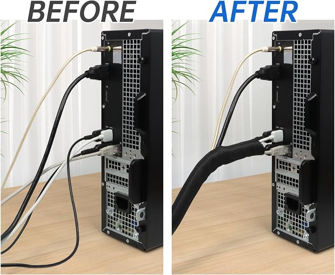 Split Braided Cable Sleeve，Flexible Wire Loom Tubing, Automotive Cord Protector Pet Proof, Cable Management for Computer TV Electric Wires Harness 16ft (Black, 32mm（1-1/4")