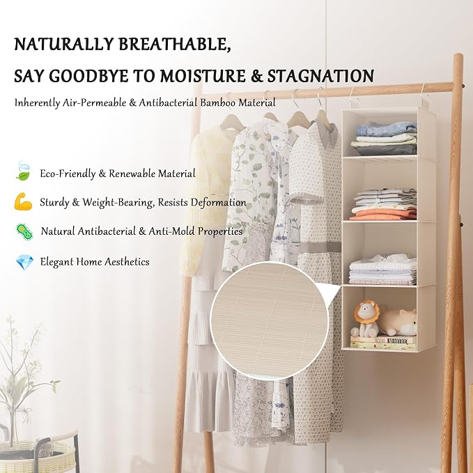 Hanging Closet Organizer with Bamboo Shelves - Foldable Closet Storage for Baby Clothes, Towels, Scarves,Space Saving Shelves Organizer (White)