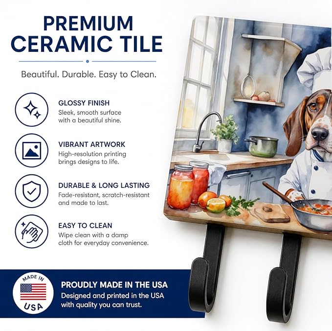 Caroline's Treasures American English Coonhound The Chef Leash or Key Holder Wall Hooks, Key Hooks Holder, Coat Rack Wall Mount, Coat Hooks, Hooks for Hanging Keys, Towels, Aprons, Leashes | American English Coonhound The Chef artwork on ceramic tile w...