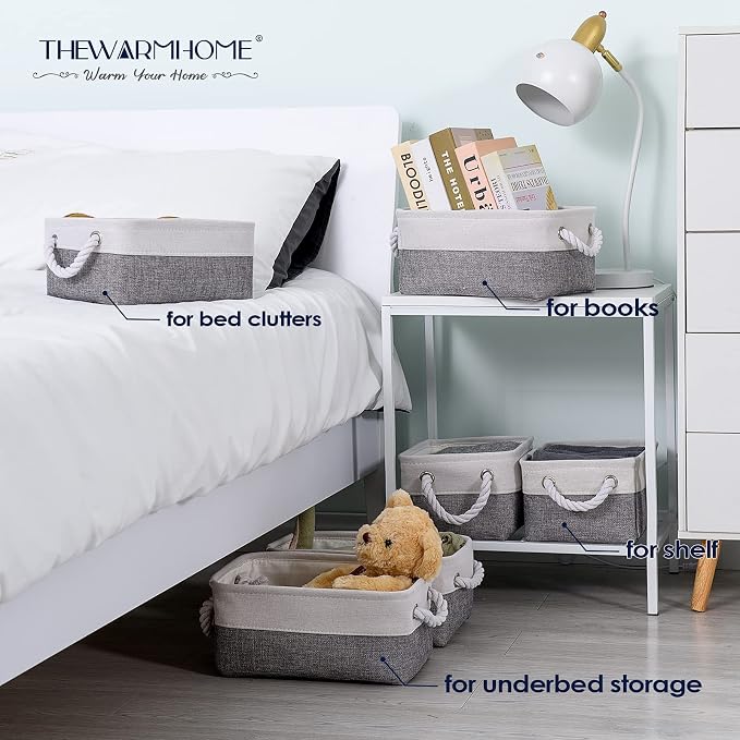 Small Storage Baskets for Organizing,Storage Baskets for Shelves,Small Fabric Storage Bins W/Handles For Closet Nursery Toy Decorative Foldable (White&Grey, 11.8L*7.9W*5.2H-6 Pack)