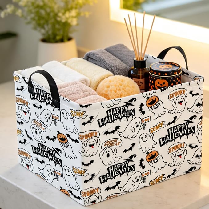 NTAO Gift Storage Basket Empty for Halloween, Storage Bin with Handles, Room Decor, Book Box(Spooky Ghost)