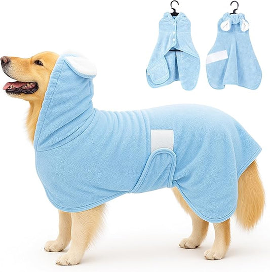 Pet Bathrobe Towel Dog Cat Drying Coat Super Absorbent Cute Dogs Bath Towel Hooded Robe Adjustable Collar & Belly Strap for XSmall to XLarge Pets (Blue, X-Large)