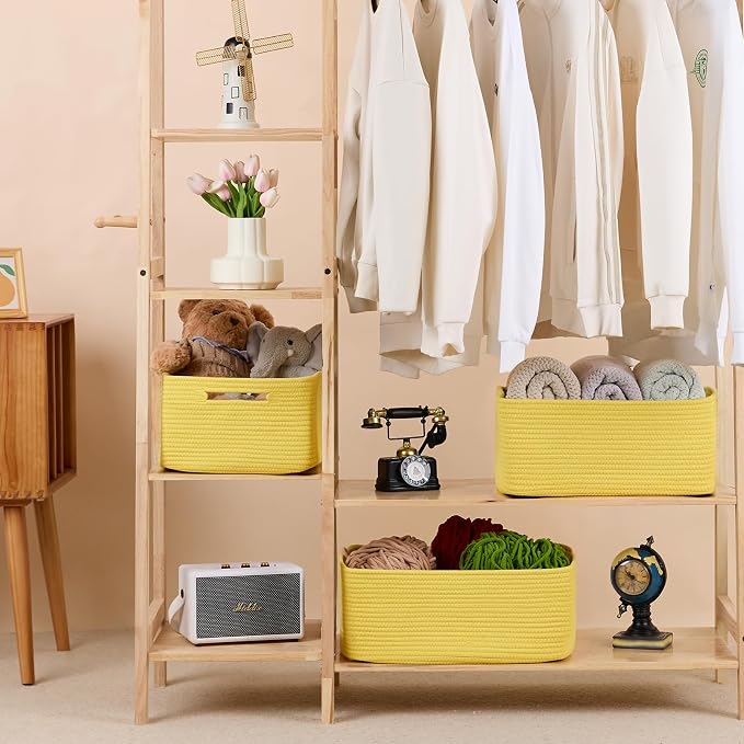 MiniArk Large Storage Baskets for Shelves, 17 x 13 x 7.5” Closet Organizers Bins for Clothes Blanket Towels, Baby Nursery, Toy Baskets Box, Woven Rope Baskets, 3 Packs Yellow