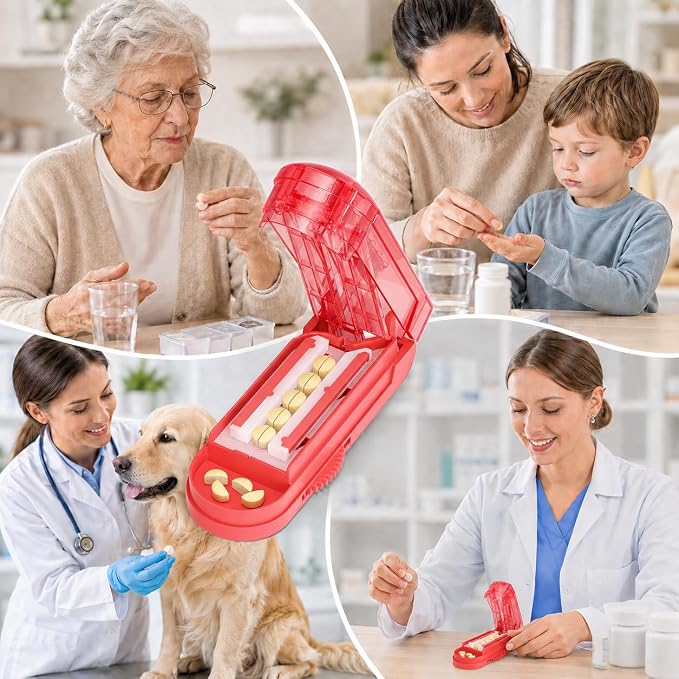 ONE PIX Pill Cutter Splitter for Small and Tiny Pills, Multiple Pill Splitter with Centering Device & Hidden Blade, Adjustable Tablet Cutter for Large Pills, Seniors, Pets, Red