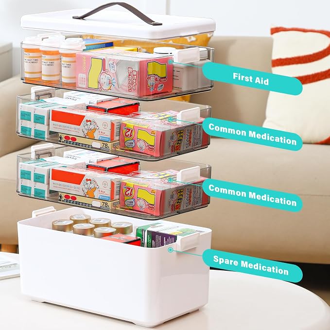 Homaigie Extra Tall 4-Tier Medicine Cabinet Organizer for Medicine Bottles Organizer, Portable Medicine Storage Box with Leather Handle, Empty First Aid Kit Container for Home, Classroom