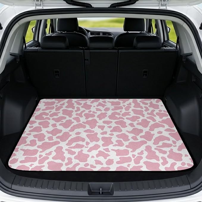 Cow Print Non Slip Car Trunk Mat Cargo Liner, 29" x 39" Universal All Weather Protection for Cars Trucks, Washable Durable Pet Friendly Pink Rear Cargo Mats