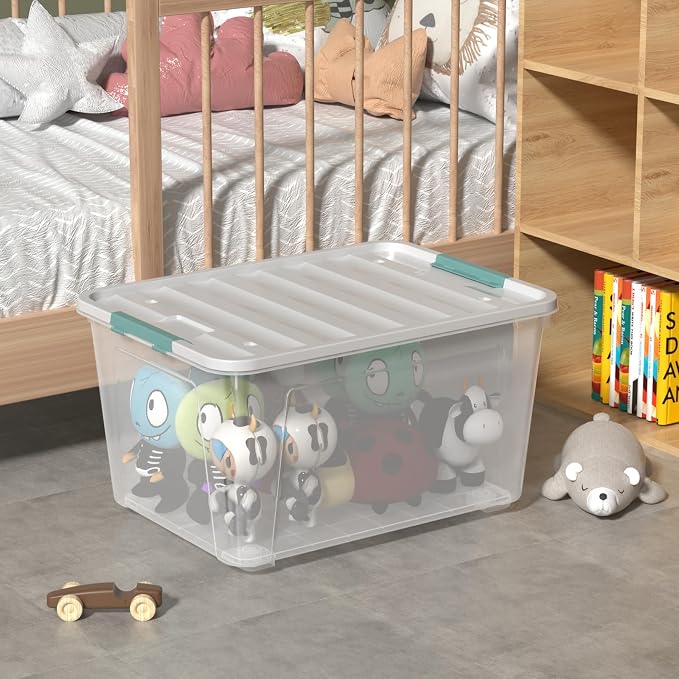 85 Quart Large Plastic Clear Storage Bins with Wheels, 4 Packs | Stackable Large Capacity Plastic Organization Box with Wheels