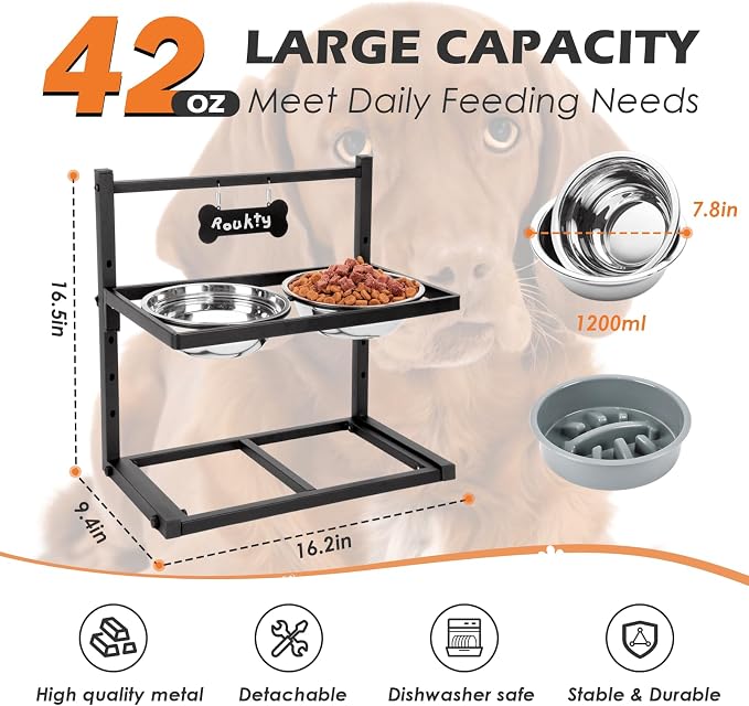 ADENGL Elevated Dog Bowls with Slow Feeder Dog Bowls, 5 Height Adjustable Raised Bowl Stand with 2 Stainless Steel Food & Water Container, Pet Bowl Elevated for Medium Large Pet
