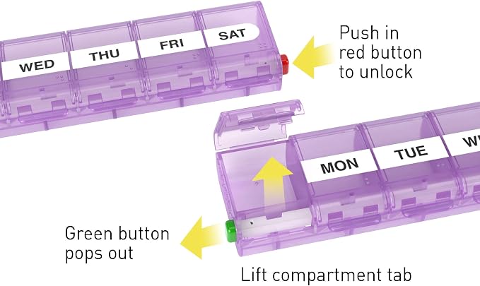 EZY DOSE Weekly (7-Day) Pill Case, Medicine Planner, Vitamin Organizer Box, X-Large Locking Compartments to Secure Prescription Medication and Prevent Accidental Spilling, Color May Vary