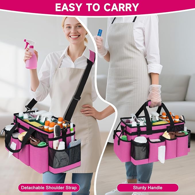 Cleaning Caddy Bag, Extra Large Cleaning Supply Bag for Housekeepers | Sturdy Cleaning Caddy Organizer for Cleaning Supplies with Handle and Adjustable Shouder Strap, Easy to Clean,Rose Pink