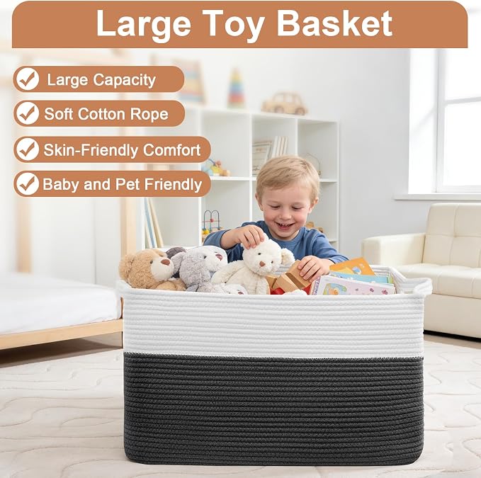 75L Large Blanket Storage Basket with Handles - White & Black | Extra-large clothes storage bin. Soft cotton, foldable, washable.Holds blankets, pillows for living room, bedroom, dorm.