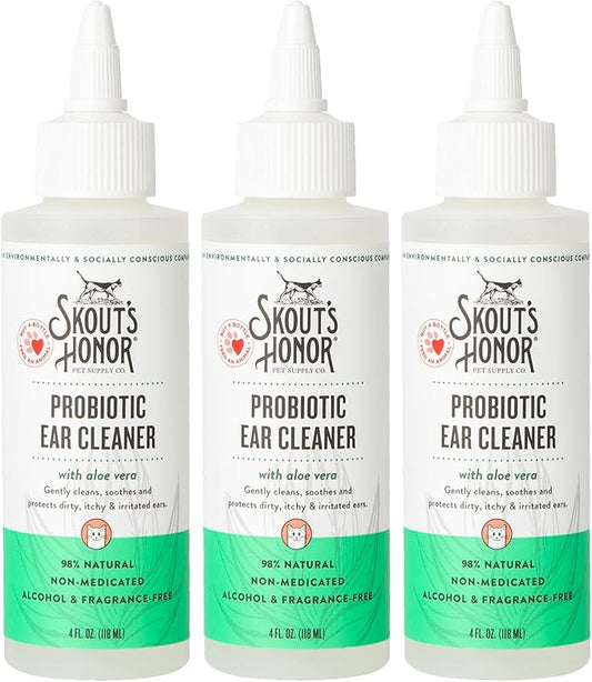 SKOUT'S HONOR Cat Ear Cleaner Solution with Aloe Vera - Alcohol-Free, Fragrance-Free, Non-Medicated Ear Wash for Cats, 4 oz., 3-Pack