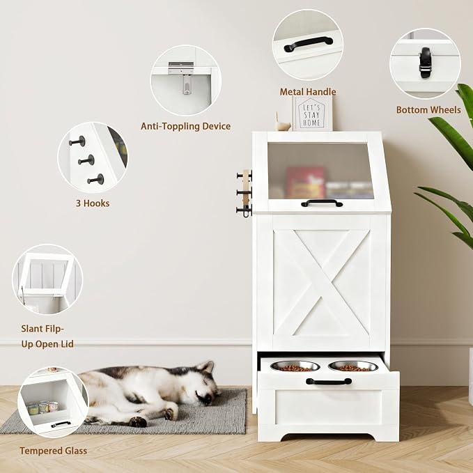 Pet Feeding Station with Storage Cabinet & 2 Elevated Bowls,Hooks,White | Flip-top Sealed Food Bin.Pull-out Bowl Drawer with Wheels.3 Side Hooks+Internal Shelf for Cans.Anti-tip Device.For Dogs/Cats.