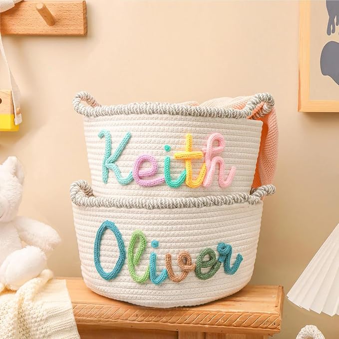 Personalized Cute Small Woven Basket with Handles, Custom Cotton Rope Room Shelf Storage Basket, Empty Decorative Gift Basket, Decorative Round Bin for Nursery Bedroom Bathroom (Style J)
