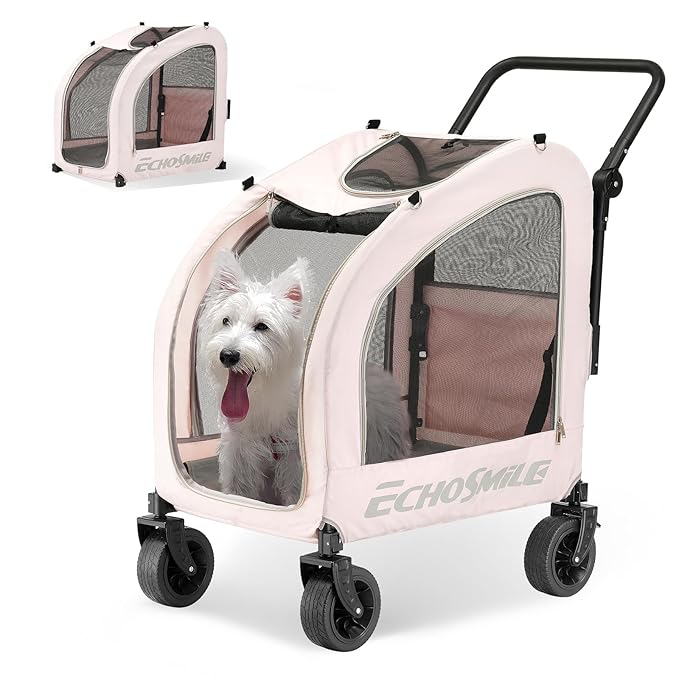 EchoSmile 4-Wheel Pet Stroller for Dogs & Cats, Up to 135 lbs, Pink | Lightweight Carrier · Storage Basket Included · Adjustable Handle · Removable Pad