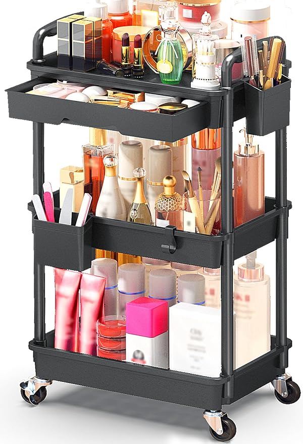 SUNALLY Makeup Cart Organizer with Drawer,3 Tier Rolling Makeup Cart, Black | Rolling Vanity Storage for Skin Care Perfume Nail Polish, Floor Skincare Organizers Cosmetics Display Bathroom Storage Cart